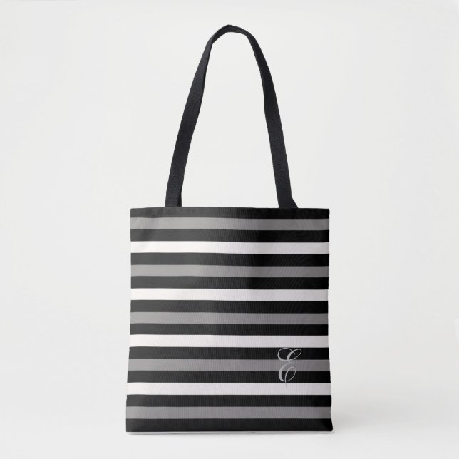 Tote Bag Fabriqué aux Etats-Unis noir, gris et blanc rayé (Devant)