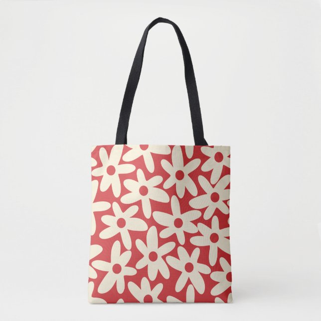 Tote Bag Faisées rétros Motif Floral Rouge et Crème (Devant)