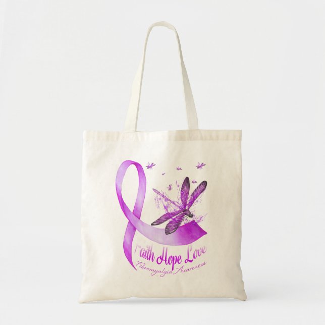 Tote Bag Faith Hope Love Dragonfly Purple Ribbon Fibromyalg (Devant)