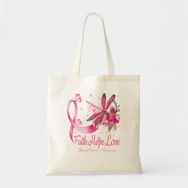 Tote Bag Faith Hope Love Dragonfly Ribbon Cancer du sein (Devant)