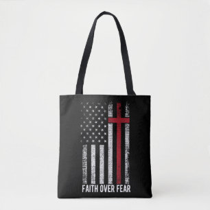 Tote Bag Faith Over Fear American USA Flag Christian Cross 