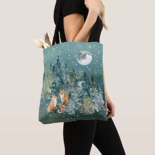 Tote Bag Famille Fox en forêt Pleine lune neige