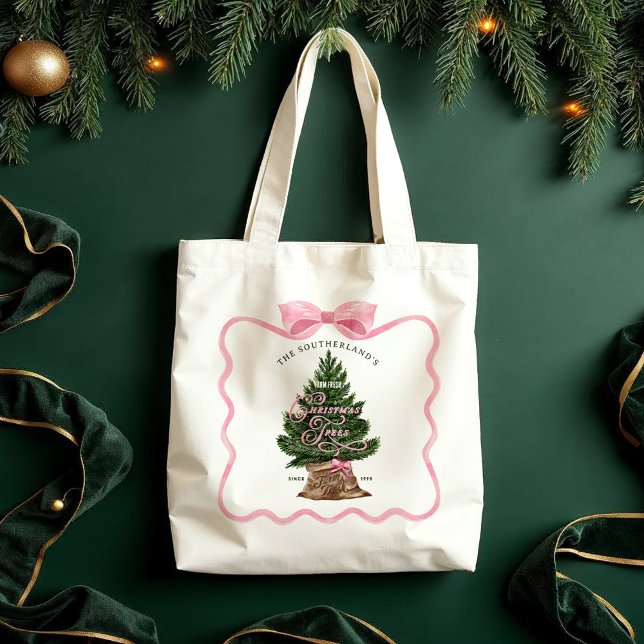 Tote Bag Famille Rétro Ferme de Noël frais Arbres de Noël R (Family Retro Farm Fresh Christmas Trees Pink Bow Tote Bag)