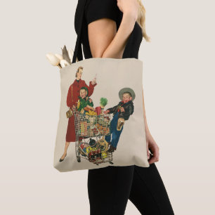Tote Bag Famille Rétro, Maman et Enfants Chariot de Courses