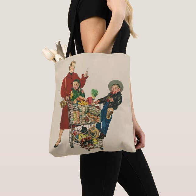 Tote Bag Famille Rétro, Maman et Enfants Chariot de Courses (De près)