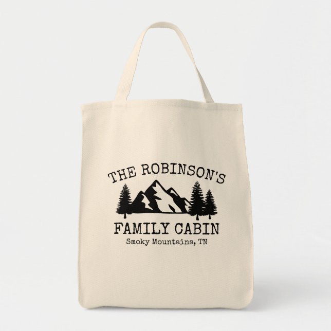 Tote Bag Family Cabin Trees Mountains Silhouette Reusable (Devant)