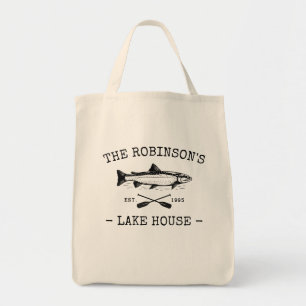 Tote Bag Family Name Lake House Rustic Fish Oars Reusable