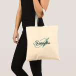 Tote Bag Fantastique Turquoise bleu personnalisé Monogramme<br><div class="desc">Créez votre propre script de style calligraphie classique style personnalisé monogramme. Avec ce style de script sophistiqué,  vous devrez probablement déplacer quelques lettres pour les centrer dans le monogramme. Vous pouvez customiser les couleurs turquoises de police bleue et noire. Choisissez votre ou vos styles de police préférés.</div>