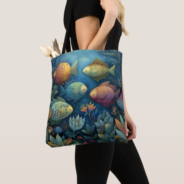 Tote Bag Fantasy Aquarium Whimsical Fish  (De près)