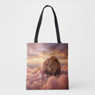 Tote Bag Fantasy Lion and Woman in Clouds