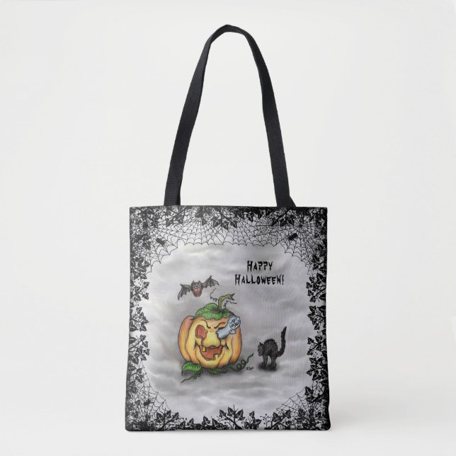 Tote Bag Fantôme, Chat, Chat et Citrouille, Bonne Halloween (Devant)