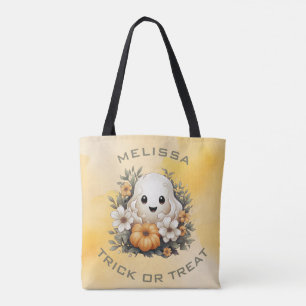 Tote Bag Fantôme d'Halloween mignon dans un Patch de fleurs