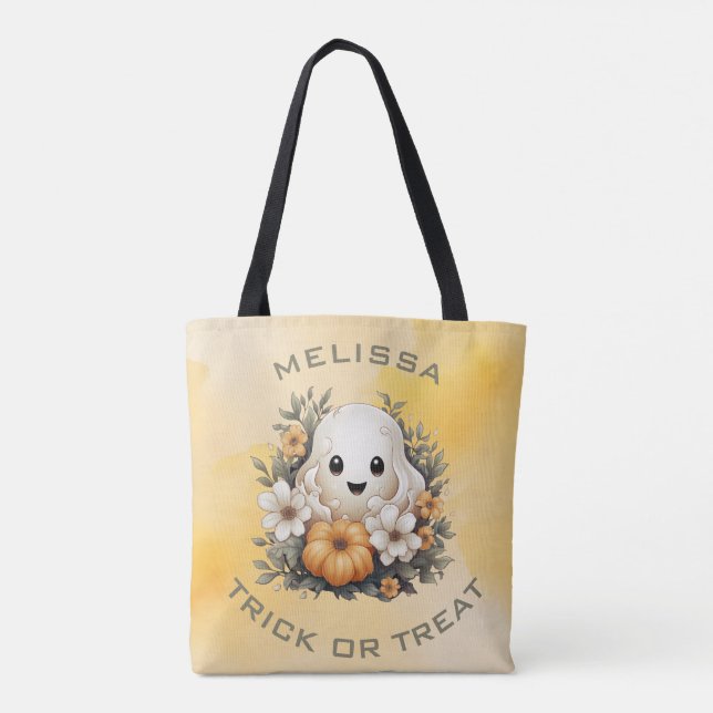 Tote Bag Fantôme d'Halloween mignon dans un Patch de fleurs (Dos)