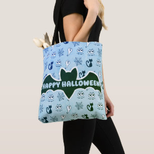 Tote Bag Fantôme, toiles d'araignées et chats noirs bleu