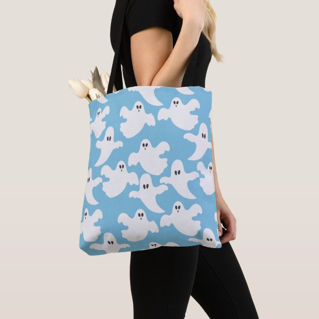 Tote Bag Fantômes blancs flottants Halloween bleu clair (De près)