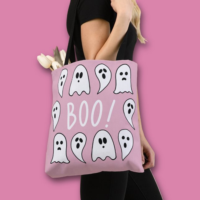 Tote Bag Fantômes d'Halloween Hou (Pink and white ghosts Halloween tote bag)