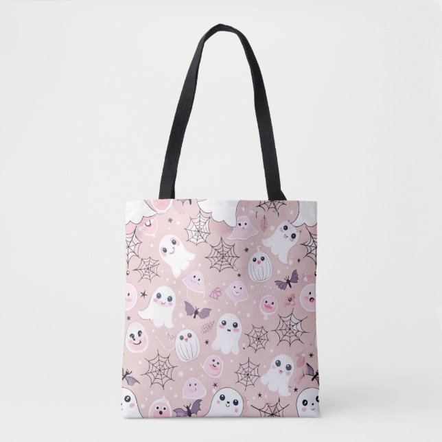 Tote Bag Fantômes roses et éléments d'Halloween Motif sans  (Devant)