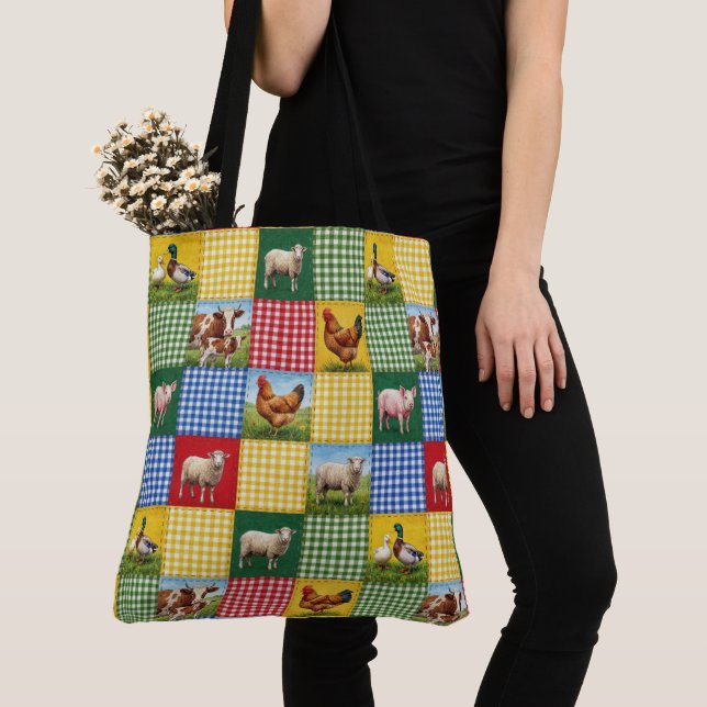 Tote Bag Farm Animals and Gingham Patchwork Quilt (De près)
