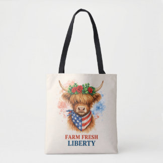 Tote Bag Farm Fresh Liberty Highland Cow Patriotic USA Art
