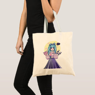 Tote Bag Fashionista : Fille aux Cheveux Bleus avec Panda e
