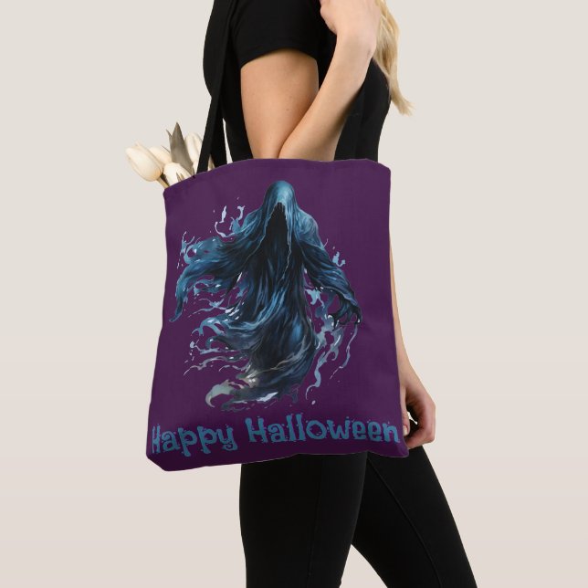 Tote Bag Faucheur Violet Foncé Joyeux Halloween (De près)