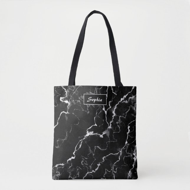 Tote Bag Faux Black Marble Texture Look Avec Nom Personnali (Devant)