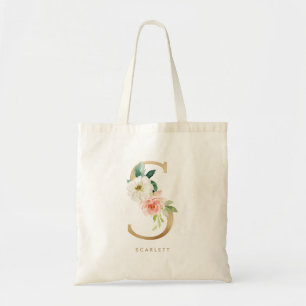Tote Bag Faux Gold Foil Floral Letter S Monogram Bridesmaid