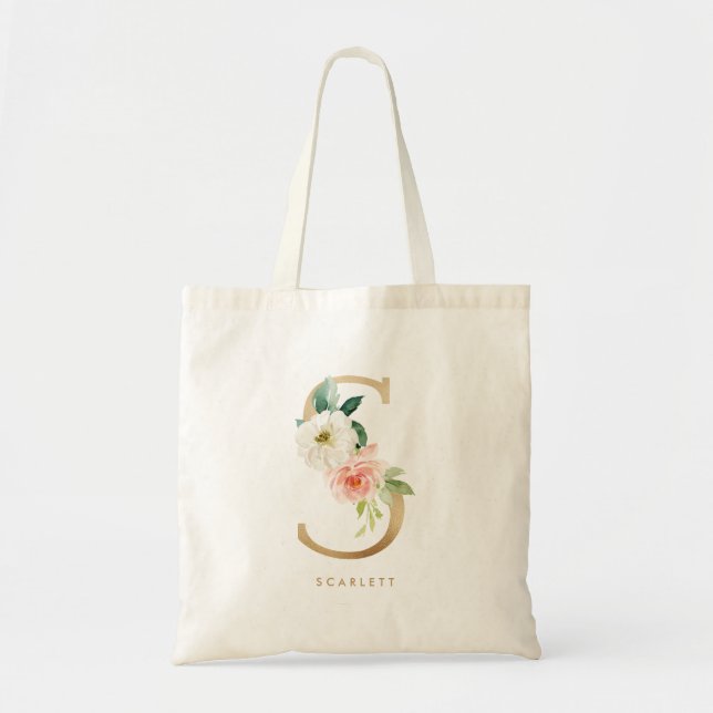 Tote Bag Faux Gold Foil Floral Letter S Monogram Bridesmaid (Devant)