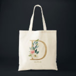 Tote Bag Faux Gold Foil Floral Lettre D Monogramme Bridesma<br><div class="desc">Sac fourre-tout floral féminin et élégant avec des illustrations d'aquarelle de fleurs,  de verdure et de faux monogramme de feuille. Personnalisez en ajoutant un nom ou une courte phrase. Ce sac de toile monogramme floral sera parfait comme cadeau personnalisé.</div>