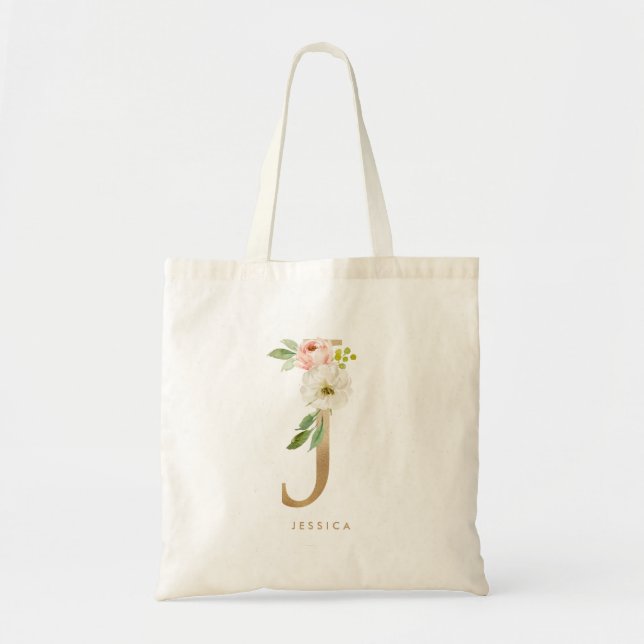 Tote Bag Faux Gold Foil Floral Lettre J Monogram Bridesmaid (Devant)