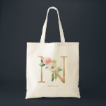 Tote Bag Faux Gold Foil Floral Lettre N Monogramme Bridesma<br><div class="desc">Sac fourre-tout floral féminin et élégant avec des illustrations d'aquarelle de fleurs,  de verdure et de faux monogramme de feuille. Personnalisez en ajoutant un nom ou une courte phrase. Ce sac en toile florale N monogramme sera parfait comme cadeau personnalisé.</div>