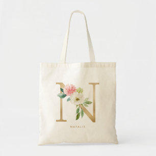 Tote Bag Faux Gold Foil Floral Lettre N Monogramme Bridesma