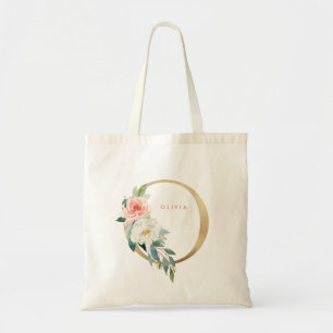 Tote Bag Faux Gold Foil Floral Lettre O Monogramme Bridesma