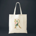 Tote Bag Faux Gold Foil Floral Lettre R Monogramme Bridesma<br><div class="desc">Sac fourre-tout floral féminin et élégant avec des illustrations d'aquarelle de fleurs,  de verdure et de faux monogramme de feuille. Personnalisez en ajoutant un nom ou une courte phrase. Ce sac en toile florale de lettre R monogramme sera parfait comme cadeau personnalisé.</div>