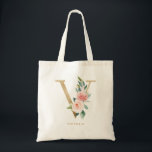Tote Bag Faux Gold Foil Floral Lettre V Monogramme Bridesma<br><div class="desc">Sac fourre-tout floral féminin et élégant avec des illustrations d'aquarelle de fleurs,  de verdure et de faux monogramme de feuille. Personnalisez en ajoutant un nom ou une courte phrase. Ce sac en toile florale monogramme de lettre V sera parfait comme cadeau personnalisé.</div>
