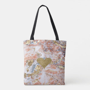 Tote Bag Faux Or Pailleté Cœur Texture Marbre Or Froid
