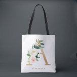 Tote Bag Faux papier d'or joli monogramme floral en lettre<br><div class="desc">Sac fourre-tout floral féminin et élégant avec des illustrations aquarelles de fleurs,  de verdure et monogramme en papier métallisé. Personnalisez en ajoutant un nom ou une courte phrase. Ce sac fourre-tout floral monogramme sera parfait comme cadeau personnalisé.</div>
