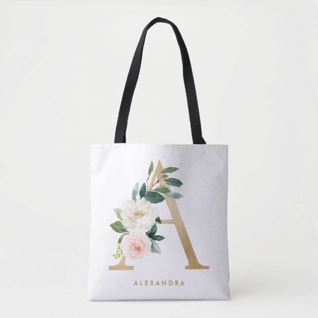 Tote Bag Faux papier d'or joli monogramme floral lettre A (Devant)