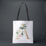 Tote Bag Faux papier d'or joli motif floral lettre A monogr<br><div class="desc">Sac cabas floral féminin et élégant avec des illustrations aquarelles de fleurs,  de verdure et monogramme en faux papier d'or. Personnalisez en ajoutant un nom ou une courte phrase. Ce sac cabas floral monogramme sera parfait comme cadeau personnalisé.</div>