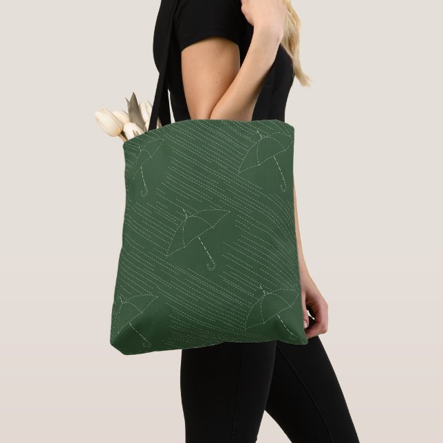 Tote Bag Faux points de broderie Pluie Parapluie Vert (De près)