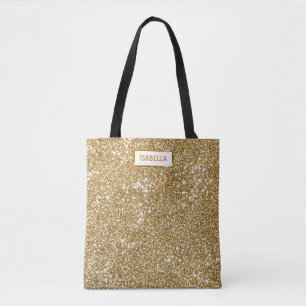 Tote Bag Faux Texture Pailleté Jaune Doré avec Nom