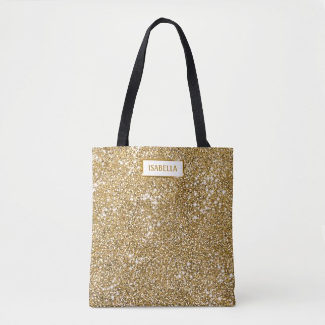 Tote Bag Faux Texture Pailleté Jaune Doré avec Nom (Devant)