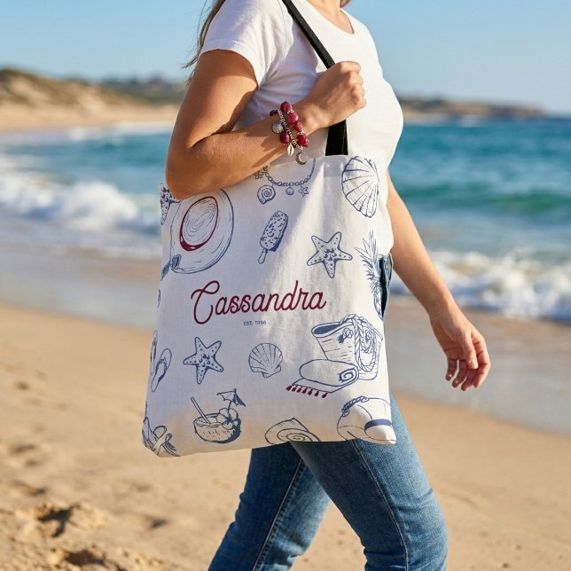 Tote Bag Faveur d'anniversaire moderne de plage d'été bleu  (Créateur téléchargé)