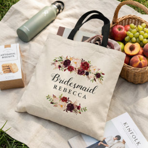 Tote Bag Faveur de demoiselle d'honneur florale rouge burgu