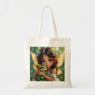 Tote Bag Fée elfe aux yeux marrons et dragon