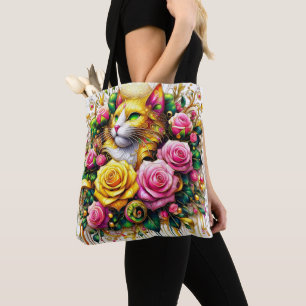 Tote Bag Feline au milieu d'une floraison vibrante