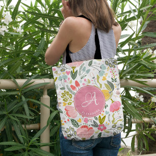 Tote Bag Féminin rose floral monogrammé