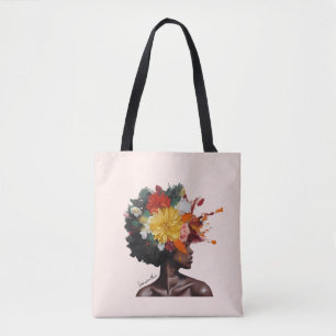 Tote Bag Femme afro-américaine aux cheveux noirs floraux (2