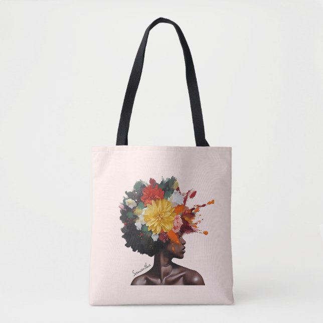Tote Bag Femme afro-américaine aux cheveux noirs floraux (2 (Devant)