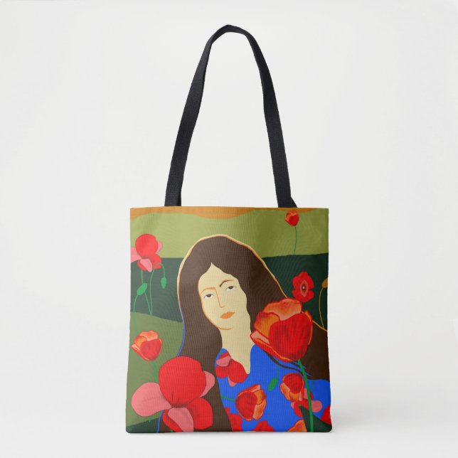 Tote Bag Femme aux cheveux longs marchant dans le champ de  (Devant)